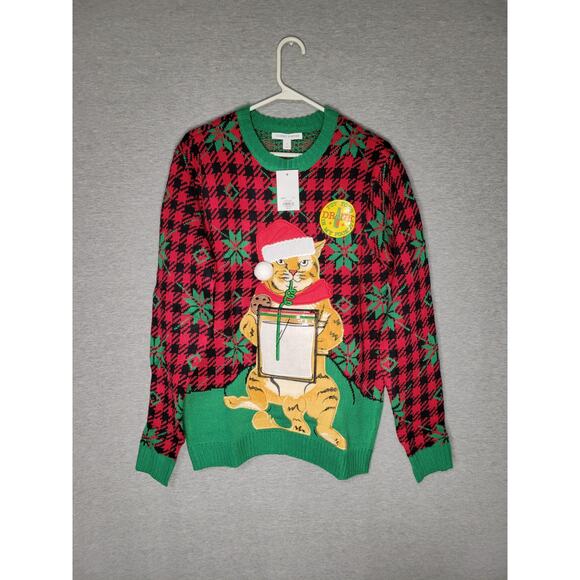 NWT Ugly Christmas Sweater Cat Santa Hat Drink Cup Holder Knit Sweater Medium - Picture 1 of 9